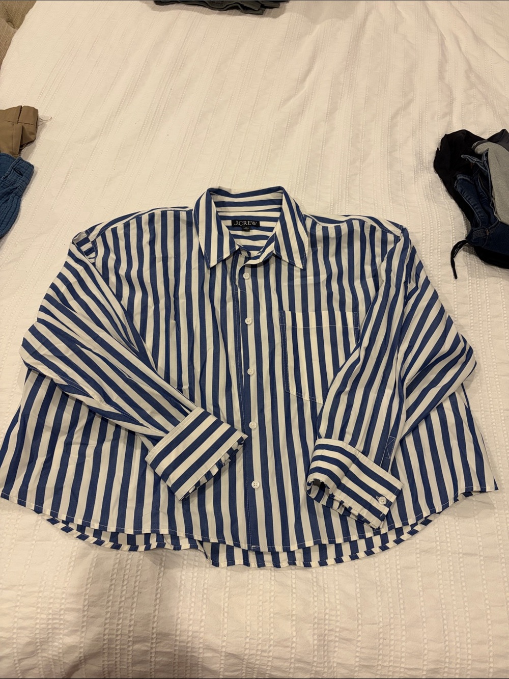J. Crew Blue and White Vertical Stripe Button-Down cropped Shirt